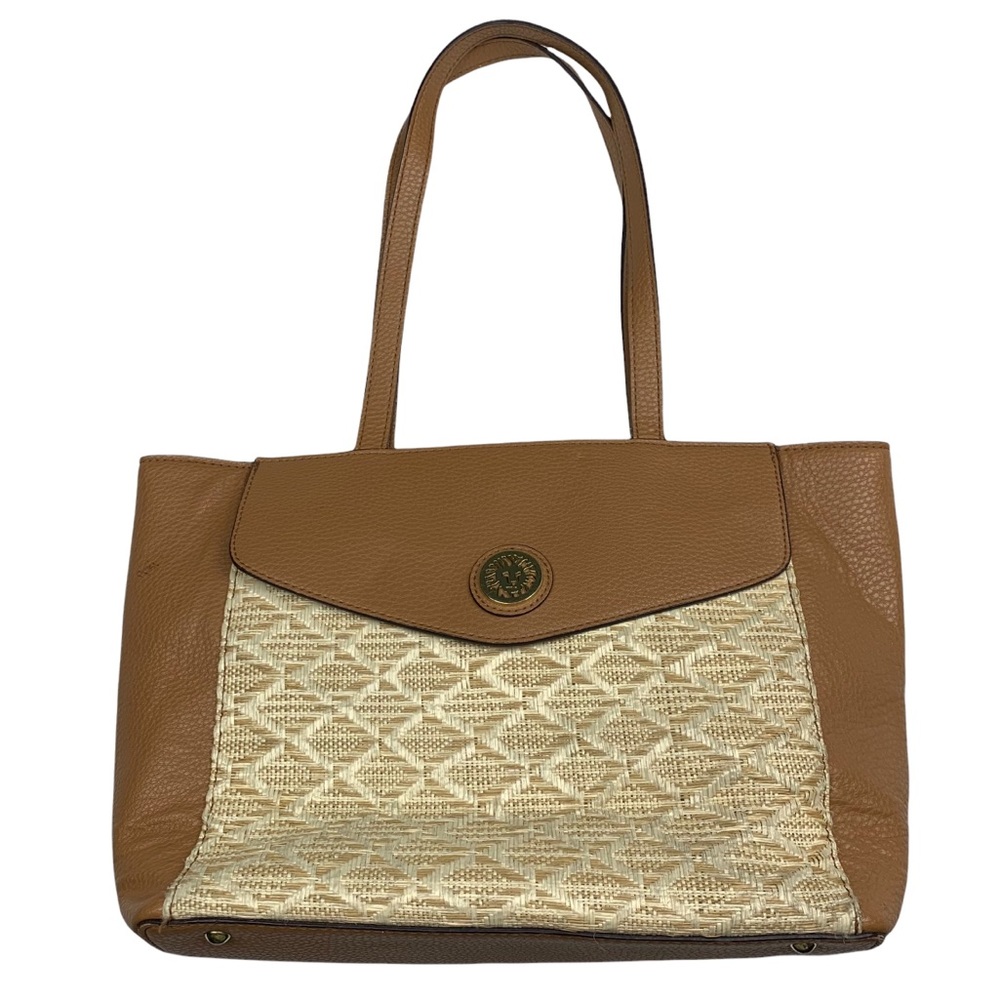 Anne Klein Woven Raffia Straw Faux Vegan Pebbled Leather Shoulder Tote Bag Purse